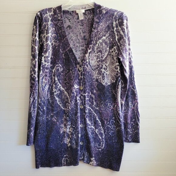 Chicos Cardigan Sweater Womens Purple Print Sparkly V Neck Long Cotton Blend - Picture 1 of 8